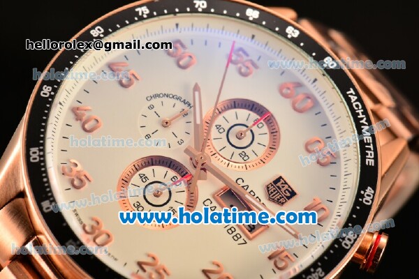 Tag Heuer Carrera Calibre 1887 Chrono Miyota OS10 Quartz Full Rose Gold with White Dial and Arabic Numeral Markers - Click Image to Close